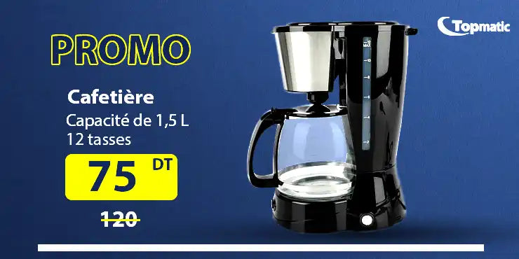 Cafetière avec une carafe en verre et des accents en acier inoxydable.