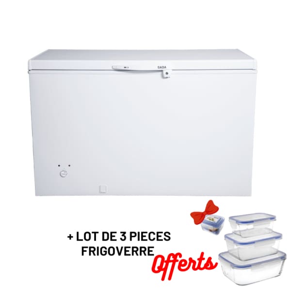 Congélateur horizontal SABA 370L De Frost Blanc + lot de 3 pièces frigoverre gratuites (DUAL349)