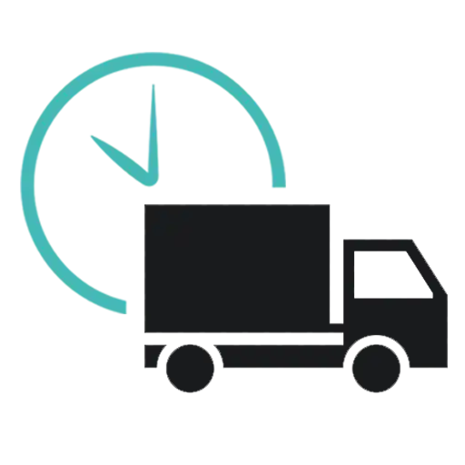 Icône combinant un cadran d'horloge et une silhouette de camion de livraison.