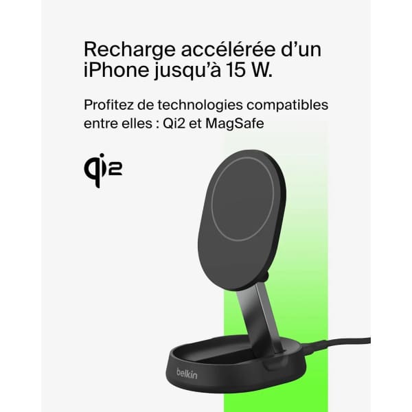Support de recharge BoostCharge Pro Qi2 et pliable 15 W Noir (WIA008BTBK)